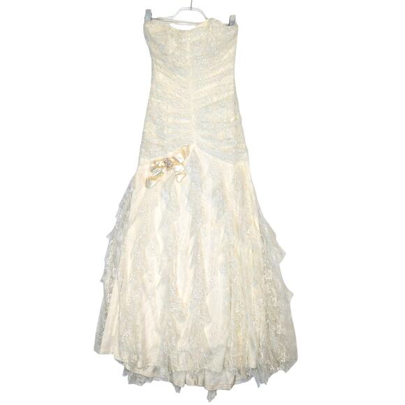 Vintage Y2K Jessica McClintock Strapless Lace Maxi Dress Ivory Bow Brooch Size 8 - Picture 1 of 10